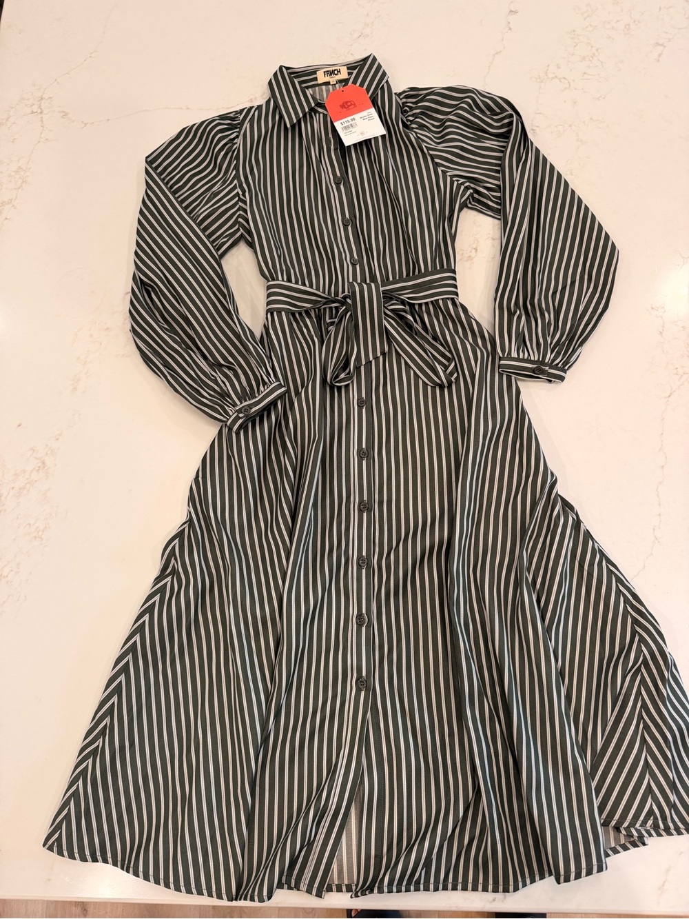 NWT FRNCH Paris Menthe Dress XS Moss Green Striped Button Front Tie Waist Midi